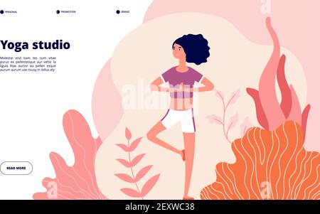 Yoga landing page. Meditation woman banner, outdoors exercise on nature. Workout studio, healthy modern lifestyle. Vector website template. Healthy yoga exercise, meditation female illustration Stock Vector