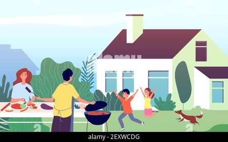 Picnic time. Garden bbq party. Family backyard barbecue cooking. Mother and father with happy children. Vector outdoor leisure illustration. Family grilling barbecue party, summer outdoor cooking Stock Vector