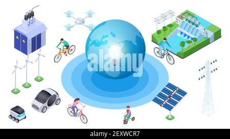 Save the planet. Isometric alternative sources, conservation of ecology. Vector Earth electric cars, hydroelectric station, drone. Illustration ecology planet, recycle globe, protection environment Stock Vector