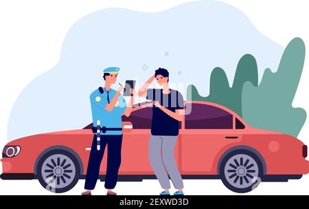 Policeman and driver. Car inspector write fine to intruder high speed traffic violation. Safety control admonition vector concept. Officer police write ticke for over limit speed illustration Stock Vector