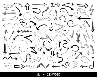 Hand drawn arrows. Sketch black arrow direction line signs. Doodle scribble monochrome way pointers, outline vector set. Illustration arrow pointer, line scribble sketch Stock Vector