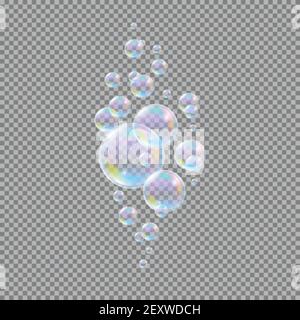 Soap bubbles. Realistic 3d water soapy balls isolated on transparent background. Abstract magic bubbly liquid vector illustration. Shampoo foam 3d rounded ball multicolor closeup Stock Vector