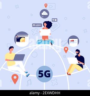 5g. People on globe with devices with 5g mobile internet, speed broadcasting and wireless network. Digital web controls vector concept. Internet 5g technology, network globe connection illustration Stock Vector