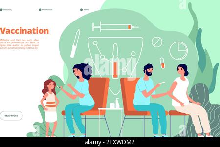 Vaccination landing page. Flu vaccine, baby and adult web banner. Health, immunization, clinic or hospital visitors. Medical vector concept. Vaccination, vaccine immunization, illustration injection Stock Vector