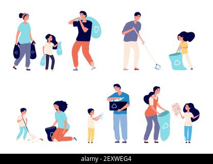 Families collect garbage. Men women and kids sorting recycling waste. People cleaning environment nature. Isolated vector family characters. Illustration collect garbage and recycling pollution Stock Vector