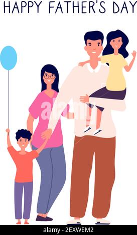 Happy father day. Family holiday, dad hold cute children, greeting card gift to daddy, cool celebrate cartoon poster, vector concept. Illustration dad happy day celebration with family Stock Vector