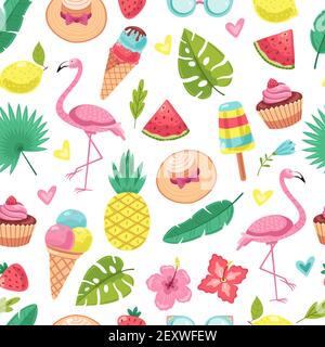 Summer seamless pattern. Tropical Flamingo, ice cream and pineapple, leaves and cocktail, watermelon, flowers vector texture. Flamingo and pineapple pattern, flower and watermelon illustration Stock Vector