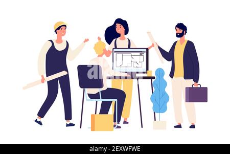 Construction site. Industrial workers architects, builders, vector ...