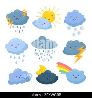 Cartoon weather clouds. Rain, snow elements. Heavenly cloudy shapes, storm and lightning, sun and moon. Meteorological forecast vector set. Illustration rain and snow, storm and wind Stock Vector