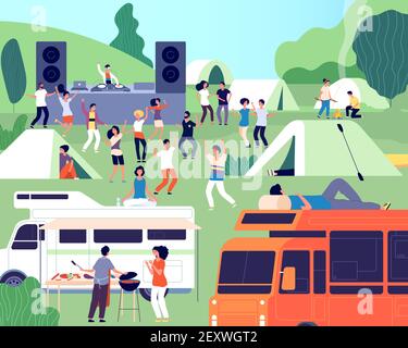 Open air festival. Musical performance, park or camp concert. Outdoor dj stage, people and tents. Music event on nature vector illustration. Festival concert, outdoor summer, music and food truck Stock Vector