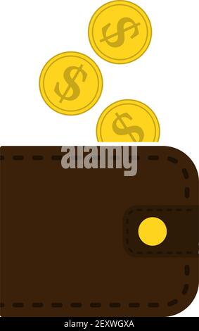 Golden Coins Fall In Purse Icon. Flat Color Design. Vector Illustration. Stock Vector