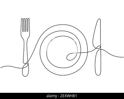 One line art. Plate knife, fork continuous outline drawing. Decoration for cafe or kitchen, restaurant or menu. Cutlery vector illustration. Plate drawing outline with dishware contour Stock Vector