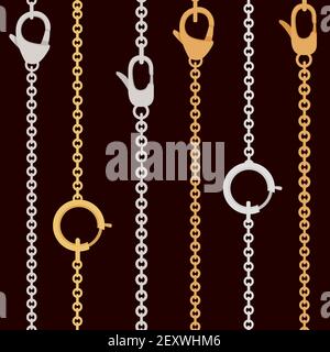 Seamless pattern golden and silver chain with claw clasp jewelry accessory flat vector illustration on dark background Stock Vector