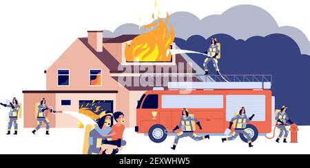 House on fire. Group firemen fighting extinguish burning house. Rescue people, fire truck equipment, firehose spraying water vector concept. Illustration firefighter and flame house Stock Vector