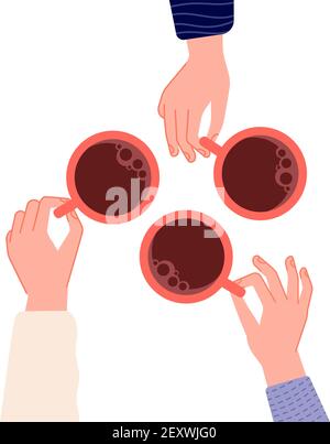 Hands holding cups. Coffee, tea in woman hand. Isolated mugs with hot drinks in cafe. Friends meeting or morning time vector illustration. Hot cup of coffee drink, hand with mug Stock Vector