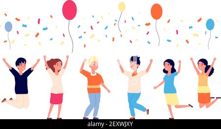 Children birthday party. Happy kids jumping, balloons and confetti. Cartoon child, dancing characters. Group of friends vector illustration. Happy children party, birthday fun celebration Stock Vector