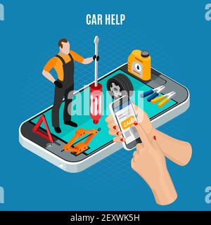 Car help isometric concept with equipment and tools symbols vector illustration Stock Vector