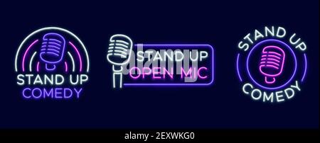 Standup show signs. Neon comedy club and open microphone icons. Comedian entertainment and event vector symbols. Illustration stand up comedy and humor, signboard with microphone Stock Vector
