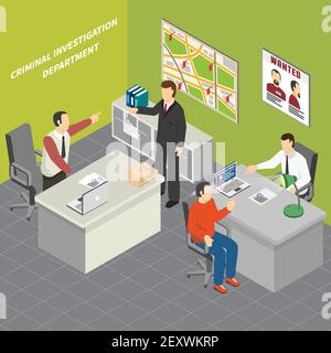 Law justice criminal investigation department detectives collecting crime evidence talking to suspect witnesses  isometric composition vector illustra Stock Vector