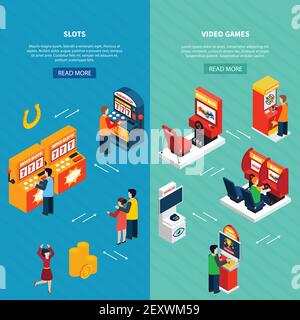 Vertical isometric banners set with people playing video casino racing shooter game machines 3d isolated vector illustration Stock Vector