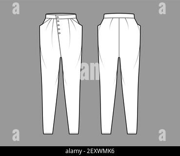 Tapered Baggy pants technical fashion illustration with low waist, rise, slash pockets, draping front, full lengths. Flat bottom apparel template back, white color style. Women, men, unisex CAD mockup Stock Vector