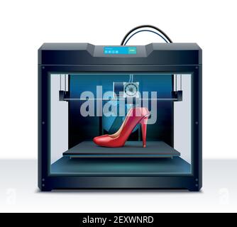 3d printing of red high heeled shoe process isometric composition vector illustration Stock Vector
