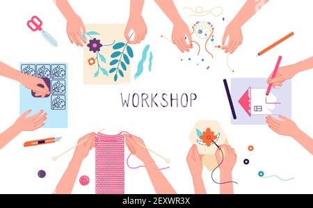 Handmade workshop. Craft diy knitting, drawing and scrapbooking projects. Creative lab, design or teamwork. Kids freetime vector illustration. Handcraft knitting and sewing, embroidery and drawing Stock Vector