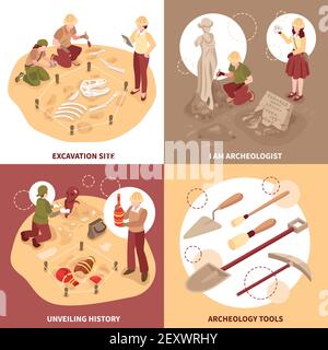 Archeology isometric design concept scientists with tools at excavation site and historical discoveries isolated vector illustration Stock Vector