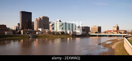 Dayton Ohio Waterfront Downtown City Skyline Miami River Stock Photo