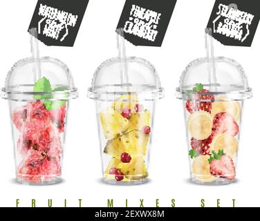 Fruit mix 3 realistic summer snacks in plastic glass servings set with watermelon pineapple strawberry banana vector illustration Stock Vector