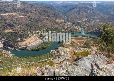 Aerial view from Penedo Durao viewpoint, typical landscape of the International Douro Park, dam on Douro river and highlands in the north of Portugal, Stock Photo