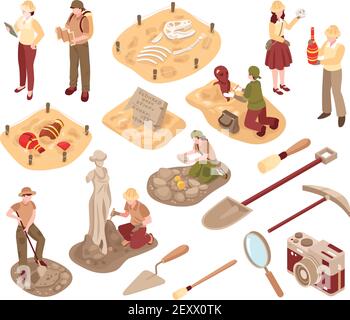 Archeology isometric set scientists with professional equipment during research of ancient artifacts isolated vector illustration Stock Vector