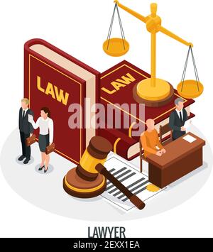 Law justice icons isometric composition with small people characters books of law gavel and golden weight vector illustration Stock Vector
