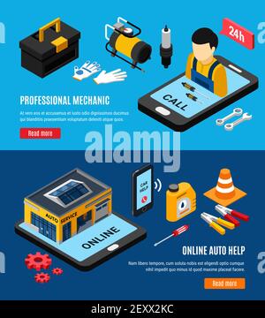 Mechanic set of isometric horizontal banners with repair of robot and ...
