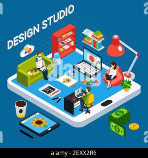 Isometric graphic design studio concept with artists working on computer and tablet on blue background 3d vector illustration Stock Vector
