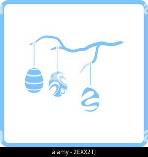 Easter Eggs Hanged On Tree Branch Icon. Blue Frame Design. Vector Illustration. Stock Vector