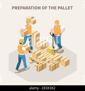 Warehouse workers putting cardboard boxes on wooden pallet 3d isometric vector illustration Stock Vector