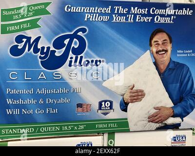 OCEAN SPRINGS, UNITED STATES - Mar 04, 2021: My Pillow box with CEO Mike Lindell on cover. Stock Photo