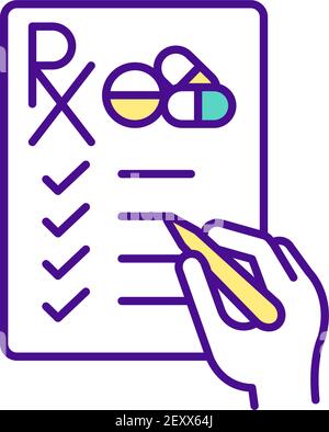 Completing prescription form for medicines RGB color icon Stock Vector