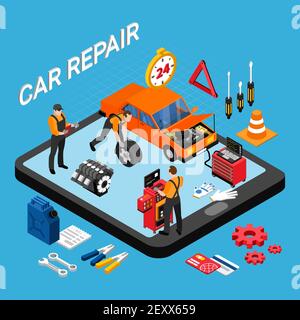 Car repair isometric concept with spare parts and tools symbols vector illustration Stock Vector