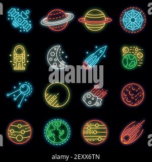 Planets icon set. Outline set of planets vector icons neon color on black Stock Vector
