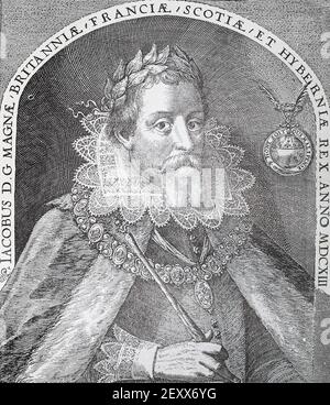 English King James I. Medieval engraving. James I, (1566 - 1625), king of Scotland (as James VI) from 1567 to 1625 and first Stuart king of England from 1603 to 1625, who styled himself “king of Great Britain.” James was a strong advocate of royal absolutism, and his conflicts with an increasingly self-assertive Parliament set the stage for the rebellion against his successor, Charles I.