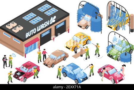 Isometric car washing services set with isolated wash station buildings and machinery with cars and people vector illustration Stock Vector