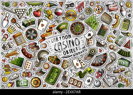 Doodle cartoon set of Casino objects and symbols Stock Vector