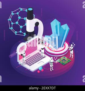 Robot isometric professions conceptual composition with little figures of androids and images of growing crystals molecule vector illustration Stock Vector