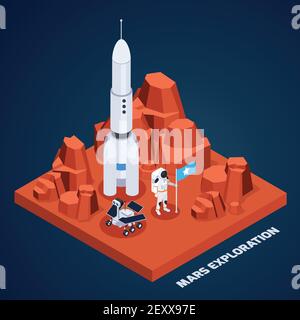 Space exploration isometric composition with piece of martian terrain with rocket astronaut and rover with text vector illustration Stock Vector