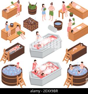 Set of isometric bath house elements and human characters during body cleaning procedure isolated vector illustration Stock Vector
