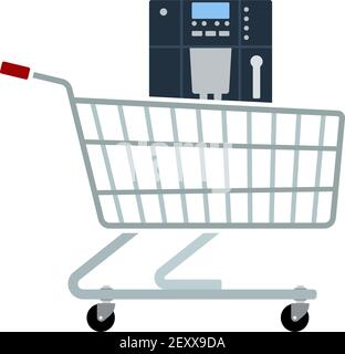 Shopping Cart With Cofee Machine Icon. Flat Color Design. Vector Illustration. Stock Vector