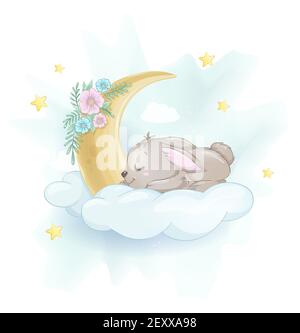 Cute little rabbit sleeping on a cloud. Usable for Easter greeting card. Pretty bunny cartoon character. Stock vector illustration Stock Vector