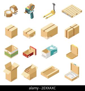 Isometric set with cardboard boxes for various kinds of goods and products isolated on white background 3d vector illustration Stock Vector